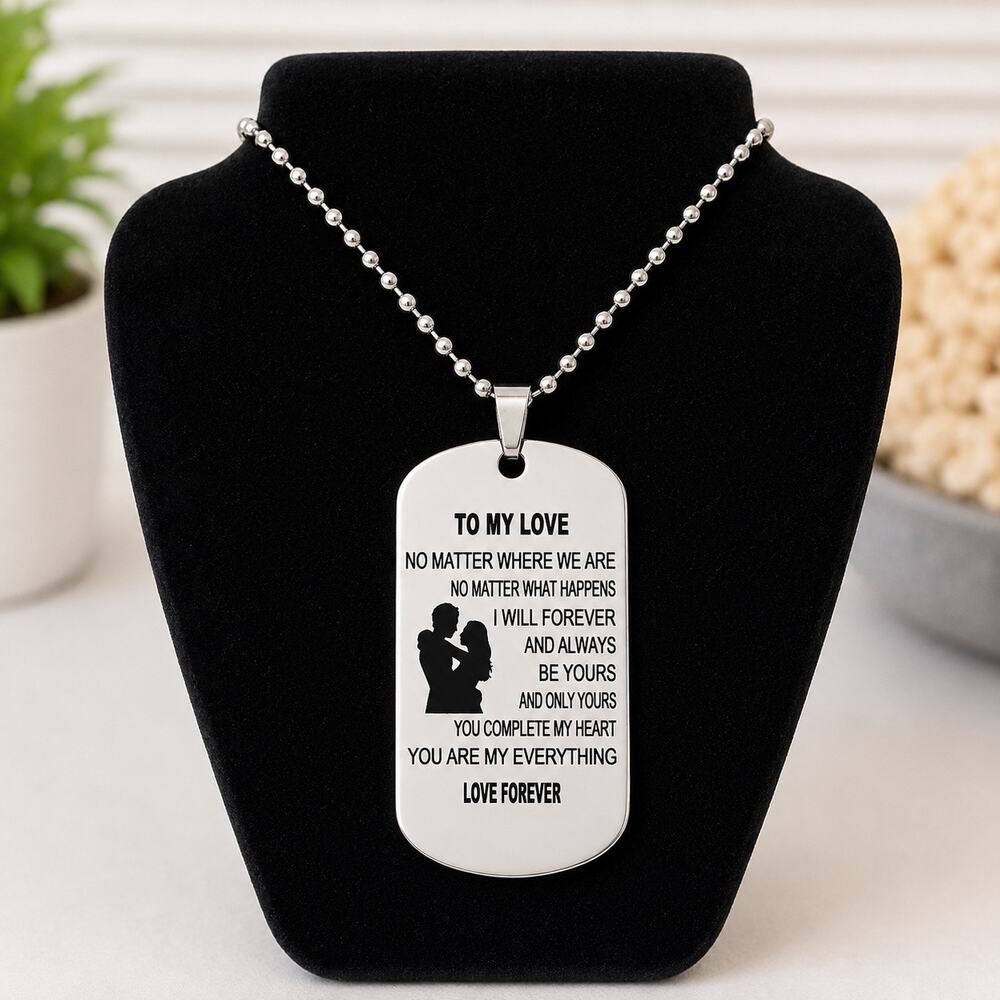 To My Love Engraved Dog Tag Necklace Romantic Gift Silver Tone Jewelry